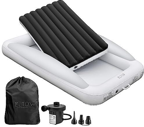 ELTOW Toddler Blow Up Mattress with Sides, Inflatable Toddler Travel Bed with Safety Bumpers for Travel, Complete Kids Air Mattress Set with High Speed Pump and Carry Bag - Black