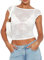ORANDESIGNE Damen Sexy Shirts Mesh Sheer Glitter Pailletten Langarm Cover Up Y2K Flare Sleeve Cropped Top Rollkragen Button-Down Shirt Streetwear L Weiß L