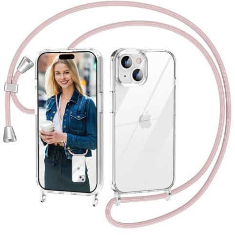 Nupcknn Coque avec Cordon pour iPhone 15, Transparente Anti-Jaunissement Coque Antichoc Housse Collier Réglable Téléphone Étui Portable Lanyard Case Protection Complète Cover(6.1,Or Rose)