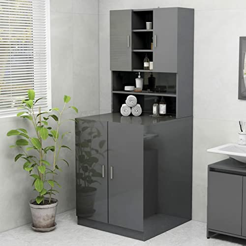 Homgoday Waschmaschinenschrank mit Stauraum Badschrank Hochschrank Badezimmerschrank Badregal Schrank Waschmaschinenregal für die Waschmaschine & WC Hochglanz-Grau 70,5x25,5x90 cm