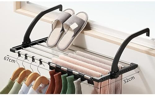 Keebgyy Tendedero para Balcón, Tendedero de Lavandería de Acero Inoxidable, Tendedero de Ropa Portátil, Barandillas de Balcón Alféizar de Ventana, Toallero (Negro Redondo 67 X 32 cm /
