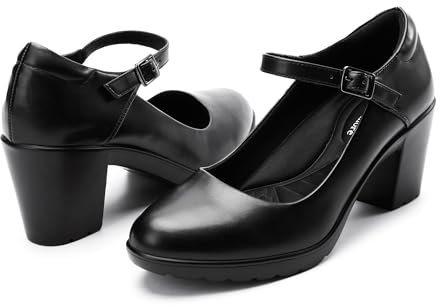 Cusolemore Women's Pumps with Arch Support, Black Mary Janes for Women, Closed Toe Platform Chunky Heels Comfortable Work Dress Shoes Size 9
