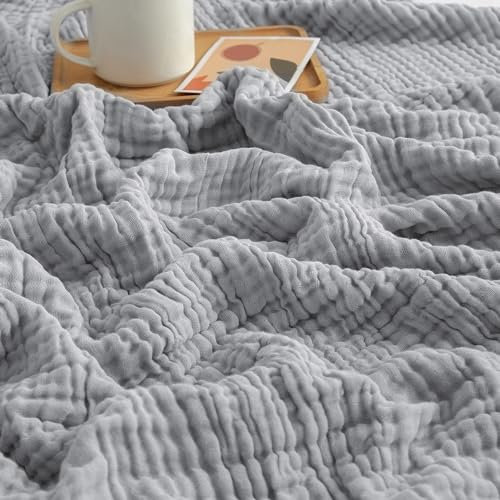 EMME Baumwolldecke 100% Musselin Decke Erwachsene 127 x 152 cm, Sofadecken Atmungsaktive Weiche Groß Decke Alle Jahreszeiten Vorgewaschen Couch Decken Baumwolle Tagesdecke, hellgrau