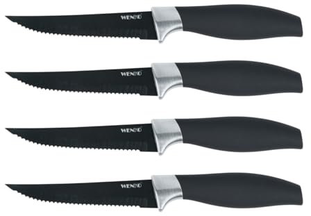 WENKO Steakmesser Otis, 4-teiliges Messerset zum Schneiden von Steak, Grillgut und Pizza, Klinge aus rostfreiem Edelstahl, mit ergonomischem Kunststoffgriff, 21,5 x 2,6 x 2 cm, Schwarz
