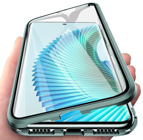 Orgsty Coque pour Honor Magic 6 Lite 5G, Coque d'adsorption magnétique Ultra Mince à 360° Housse de Protection en Avant et Arrière Verre Trempé Etui Transparent Métallique Antichoc, Vert