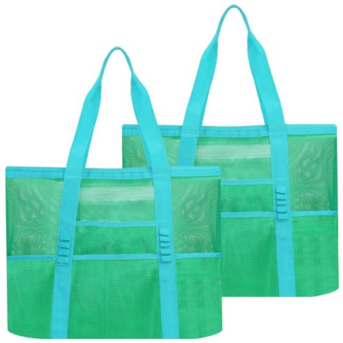 Amonsen Große Netz-Strandtasche mit 8 separaten Taschen, Netz-Aufbewahrungstasche für Strandurlaub, gut für Sllipers, Handtücher, Sonnencreme, Getränke, Grün, 2 Stück, XL