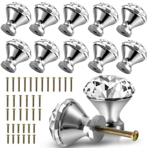 40mm Kitchen Cabinet Knobs Drawer Pull Handle Hardware, Crystal Clear Glass Round Diamond Shape Dresser Closet Bi-fold Door Bathroom Cupboard Desk Nightstand Furniture Decorative Drawer Knobs （12PCS）