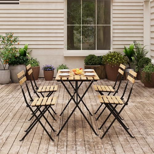 casa.pro Salon de Jardin avec Table à Manger 4 Chaises Pliantes Ensemble de Meubles d'Extérieur Terrasse Balcon Patio Capacité 110 kg par Chaise Acier Bois d'Acacia Noir Naturel