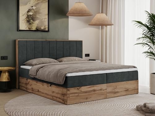 MKS MEBLE Boxspringbett 180x200 mit Bettkasten Eiche, Polsterbett 180x200 mit Matratze H3, Bett 180x200 mit Kopfteil, Bett mit Holzrahmen in Wotan Eiche - Dunkelgrau Struktur - Bellissimo