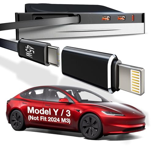 Wigoo 4-Port 45W Fast Charge Retractable Phone Charger Hub for Tesla Model Y (2021-2025) and Model 3 (2021-2023), USB-C & Lightning, Black or Silver