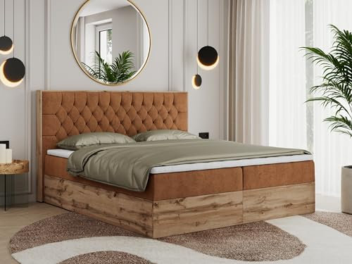 MKS MEBLE Boxspringbett 160x200 mit Bettkasten Eiche, Polsterbett 160x200 mit Matratze H4, Bett 160x200 mit Kopfteil, Bett mit Holzrahmen in Wotan Eiche - Orange Struktur - Amore