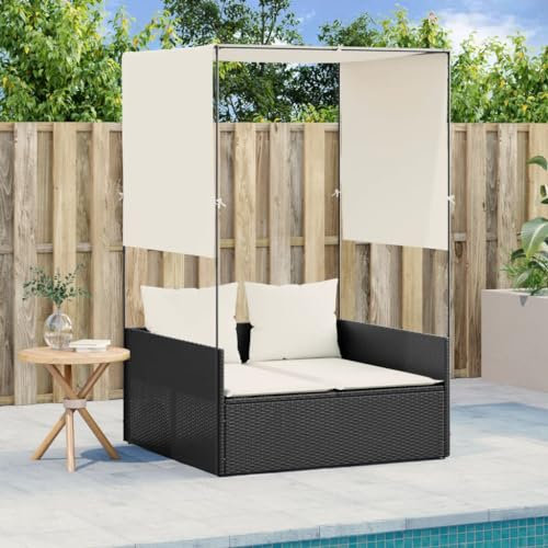 Homgoday Doppel-Sonnenliege mit Dach und Vorhängen Doppelliege Gartenliege Liegestuhl Outdoor Liege für 2 Personen Garten Relaxliege für Garten oder Balkon Schwarz Poly Rattan