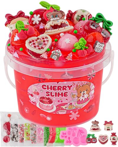 Cherry Red Slime Set für Kinder, Schleim Bucket with Slime Clay, 10 Packungen mit Zubehör, Slime Partygeschenke für Mädchen & Jungen, Sensorisches Spielzeug, Ostern Halloween Weihnachts Geschenke