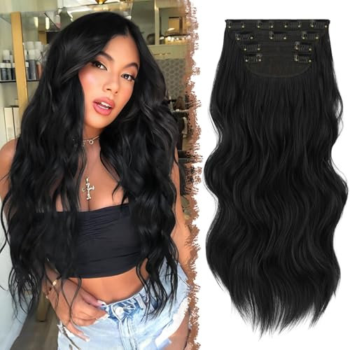 FESHFEN Clip in Extensions, 4PCS Schwarz Haarverlängerungen mit Clips Kunsthaar Synthetik Gewellte Haarextension Wavy Haar Extensions Clip in Haarteil für Frauen, 50 cm