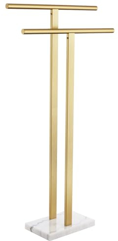 KOKOSIRI Porte-serviettes sur pied pour salle de bain à 2 niveaux avec base en marbre lourd, design épais et stable, en acier inoxydable doré THS0005-BG