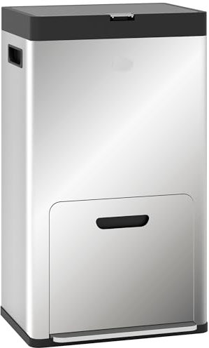 HOMCOM Cubo de pedal, rectangular, 56L, cubo de cocina, 3 compartimentos, cierre suave, acero inoxidable antirrozaduras, cubo con ruedas, cubo interior extraíble, plata