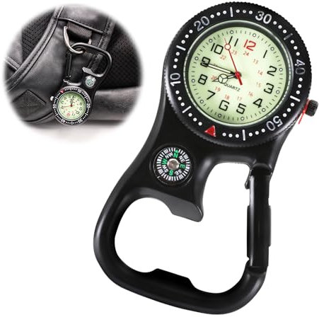 WUIOWPPIC Karabineruhr, digitale Taschenuhr, Karabiner-Clip, multifunktionaler Kompass, Clip, Taschenrucksack, Uhren für Ärzte, Köche, Outdoor, Klettern, Schwarz