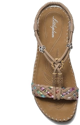 Littleplum Sandalen Damen Freizeit Flach Sandalette Handarbeit mit Strass Perlen Bohemia Strand Schuhe,B Beige 41 EU