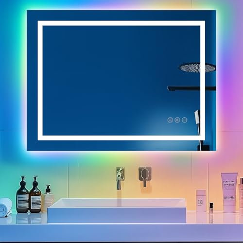 Trintion Badspiegel mit Beleuchtung | 3-Farben & RGB-Led Spiegel-Dimmbar | Anti-Beschlag | 80x60 cm | IP65 Wasserschutz | Einfache Montage | Sicherheitsglas