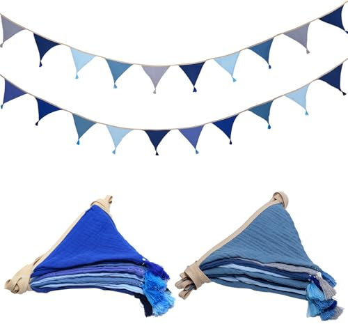 2 Stück Wimpelkette Kinderzimmer, Musselin Baumwolle Stoff Wimpelkette mit Quasten, 2.6m Wetterfest Wimpelkettes Outdoor für Girlande Kinderzimmer Deko, Hausbett (Blau)
