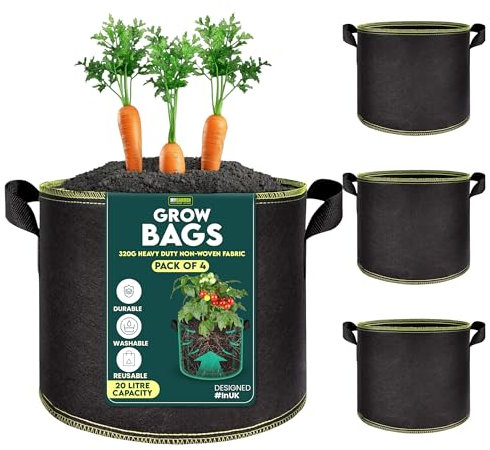 My Garden Grow Bags 20 Litre - Fabric Planter Pots with Handles – 320g Thickened Nonwoven Breathable Growing Bags for Vegetables, Herbs, Flowers, Tomatoes, Potatoes & Fruits (4, 20 Litres)