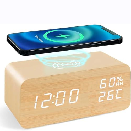 ThreeH Digitaler Holzwecker mit Telefon Ladefunktion Klima-Sensor & Sprachaktiviertem Licht für Zuhause/Büro