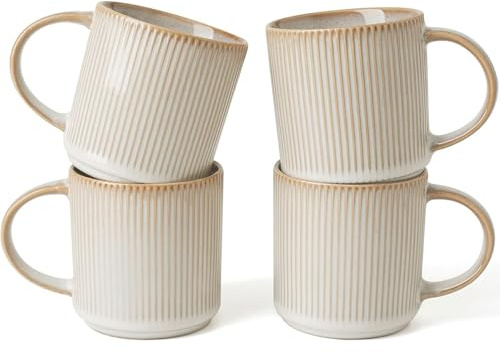 Richmount Star Coffee Mugs Set of 4, 12oz/340ml Stoneware Tea Cups with Large Handle for Latte/Cappuccino/Milk/Cocoa/Tea, Microwave & Dishwasher Safe, Cappuccino White