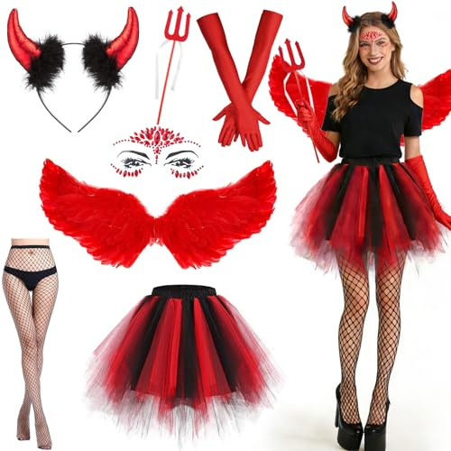 DAZZTIME Deguisement Diable Femme,7 Pièces Costume D'ange pour Femme,Déguisement Femme Ailes de Diable Rouges en Plumes,Ailes D'ange Costume,pour le Carnaval,Mardi Gras,Soirée à Thème