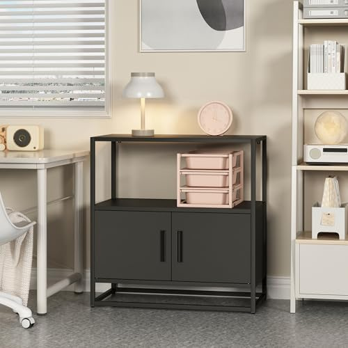 [en.casa] Aktenschrank Hailuoto Büroschrank aus Stahl Mehrzweckschrank mit 2 Türen Materialschrank mit offenem Ablagefach 80 x 40 x 82 cm für Arbeitszimmer Büro Schwarz