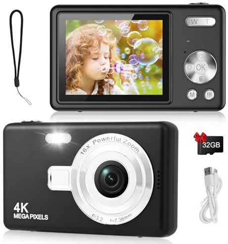 Digitalkamera 1080P FHD Kompaktkamera 44MP Kamera Fotokamera mit 2,4“ LCD Bildschirm 16X Digitalzoom Einfache Vlog Tragbare Fotoapparat mit 32gb SD Karte für Kinder Teenager Anfänger (Schwarz)