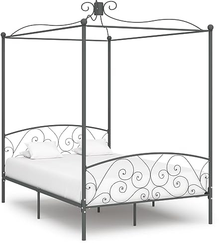 Mhdvray Metall Himmelbett 140x200 cm Grau mit Vorhang/Moskitonetz-Halter, Lattenrost, 211x149x227 cm