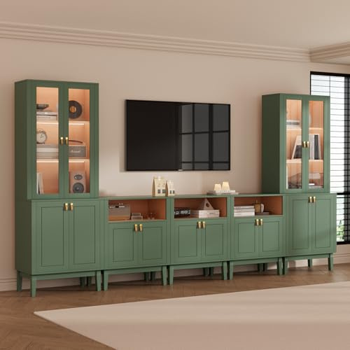 VOWNER TV-Schrank mit LED, 240cm B Wohnwand für TV bis 50 Zoll, TV Board Set mit Glastüren & Bücherregalen, Fernsehschrank Auch Als Küchenschrank Nutzbar, 240 x 180 x 40 cm, Grün (Grün, 5PCS)