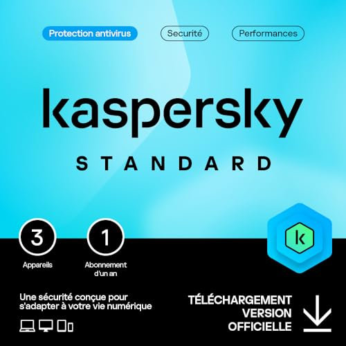 Kaspersky Standard Anti-Virus 2025 |3 appareils | 1 an | Sécurité Avancée | Protection bancaire | Optimisation des performances | PC/Mac/Mobile | Code d'activation par email