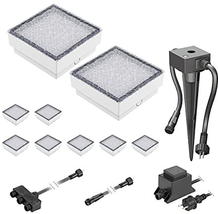 ledscom.de LED Pflaster-Stein Gorgon Boden-Einbauleuchte mit Dämmerungssensor für außen, 15x15cm, 12V, kalt-weiß 9er Set