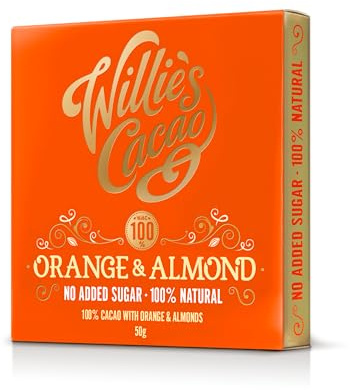 Willie's Cacao - 100% Cocoa with Orange & Almond - No Added Sugar Chocolate bar - 50g - Naturally sweetened with Fruit and Nuts - Vegan - Artisan Made