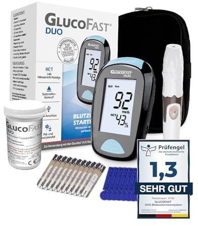 GLUCOFAST Duo Blutzuckermessgerät Starter-Set – inkl. 10 Teststreifen & Lanzetten | Diabetes Messgerät für mg/dl Messung | Präzise & einfach anzuwenden