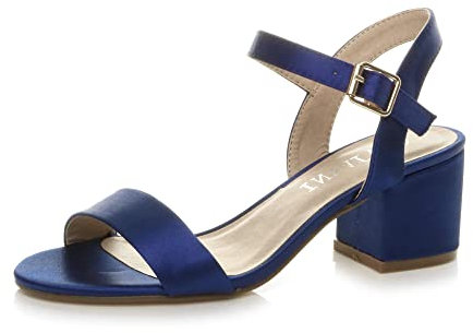 Women Ladies Low Block Heel peep Toe Ankle Strap Strappy Party Sandals Size, Navy Satin, 6 UK