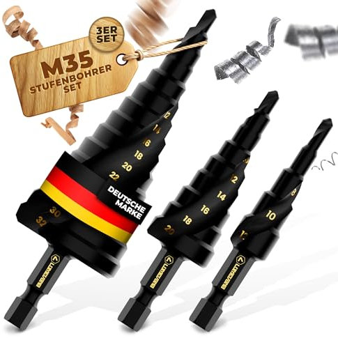 LUMEVANA® Stufenbohrer Set [3er] | Extrem scharfe Kegelbohrer für Blech, Leichtmetall, Kunststoff, Holz | Schälbohrer, Lochbohrer | Ø 4-12mm/4-20mm/4-32mm