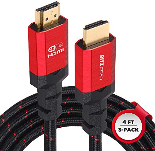 Ritz Gear 4K HDMI 2.0 Cable 4 ft. [3 Pack] 18 Gbps Ultra High Speed Braided Nylon Cord & Gold Connectors - 4K@60Hz/UHD/3D/2160p/1080p/ARC & Ethernet. Compatible with UHD TV/Monitor/PC/PS5/Xbox