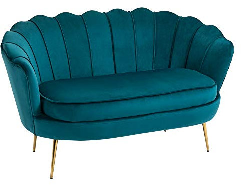 HOMCOM Canapé 2 Places en Tissu Velours, Petit canapé, en Forme de Coquillage, avec Coussin épais de 10 cm, canapé, Structure en métal, Pieds dorés effilés, Facile à Assembler, Bleu Canard