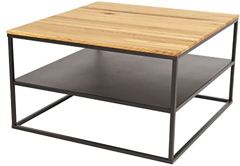 SAM Couchtisch 70x70 cm Emmi, Wildeiche massiv + geölt, Sofatisch mit schwarzem Metallgestell und Ablage, modernes Design