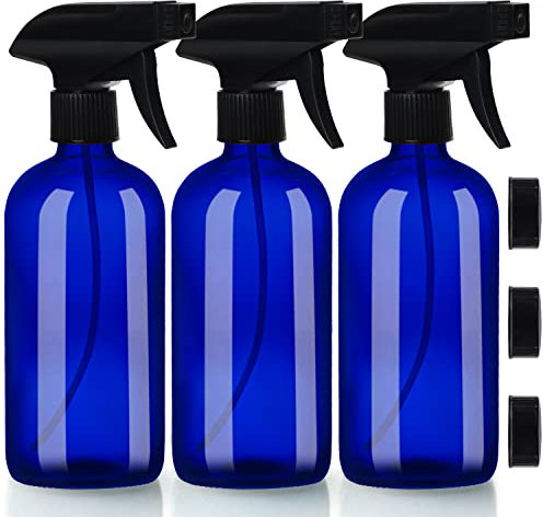 BELLE VOUS Bote Spray Pulverizador Vidrio Azul Vacío y Rellenable (Pack de 3) Pulverizador Agua 500 ml - Gatillo Duradero - 2 Ajustes de Chorro - Producto de Limpieza, Aromaterapia, Aceite Esencial