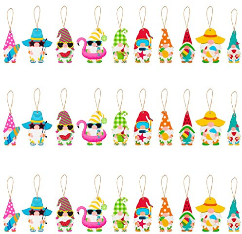 WATINC 31-teiliges Sommer-Zwerg zum Aufhängen, Holzornament-Set, Flamingo-Element, Holzanhänger, Bastelzubehör, Verzierungen mit Seil für Urlaub, Hawaii-Strand-Party-Dekoration (10 Stile)