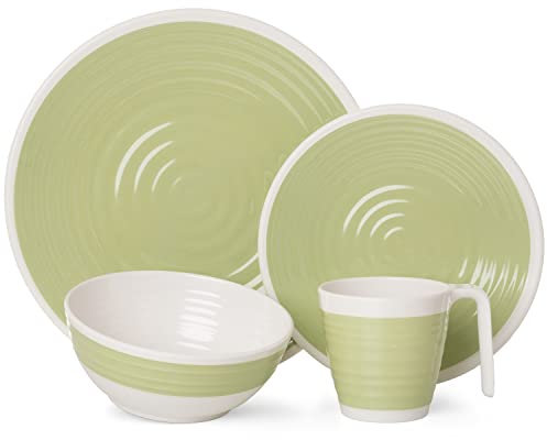 Set di stoviglie da campeggio per 1 persona, 4 pezzi | Melamina | Verde | Set di stoviglie da picnic | Design di stoviglie da campeggio