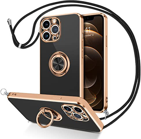 DUEDUE für iPhone 12 Pro Hülle mit Band, Handykette iPhone 12 Pro Handyhülle mit Band 360 Grad Ring Stoßfeste Schutzhülle Soft Silikon TPU für iPhone 12 Pro Hülle Mit Ring 6.1'' Schwarz
