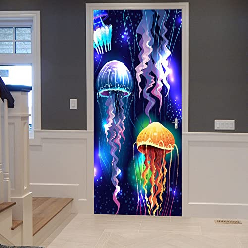A.Monamour Türtapete Selbstklebend Türfolie Türposter 3D Leuchtend Transparente Unterwasser Quallen Vinyl Folie Türdeko Tapete Wandbild Türaufkleber Türtattoo 83x204cm