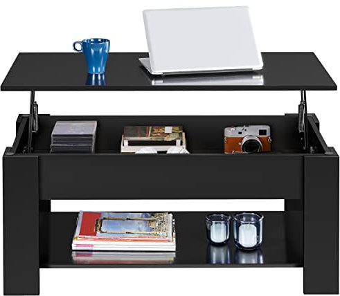 costoffs Lift Top Coffee Table with Large Hidden Compartment and Open Storage Shelf, Multi-functional for Small Spaces, Doubles as Dining Table,Black, 98x50x(42-56) cm