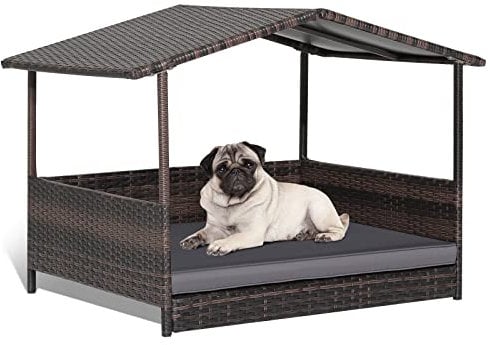 Maxmass Wicker Dog Bed, Rattan Pet House with Removable Soft Cushion, Raised Dog Sofa for Small Medium Large Sized Dogs (Gray)