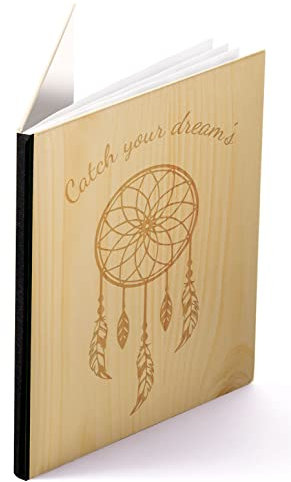 Notizbuch Holz A6 - graviert Dreamcatcher - Echtholz Notebook zum Reinschreiben Zirbenholz Holzeinband Holzcover