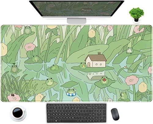 Niedliche grüne japanische Pflanzen Schreibtischunterlage Anime Cartoon Frosch Mauspad Kawaii Schreibtischunterlage XXL Großes erweitertes Gaming-Mauspad Ästhetik Computer Laptop Tastatur Mauspad